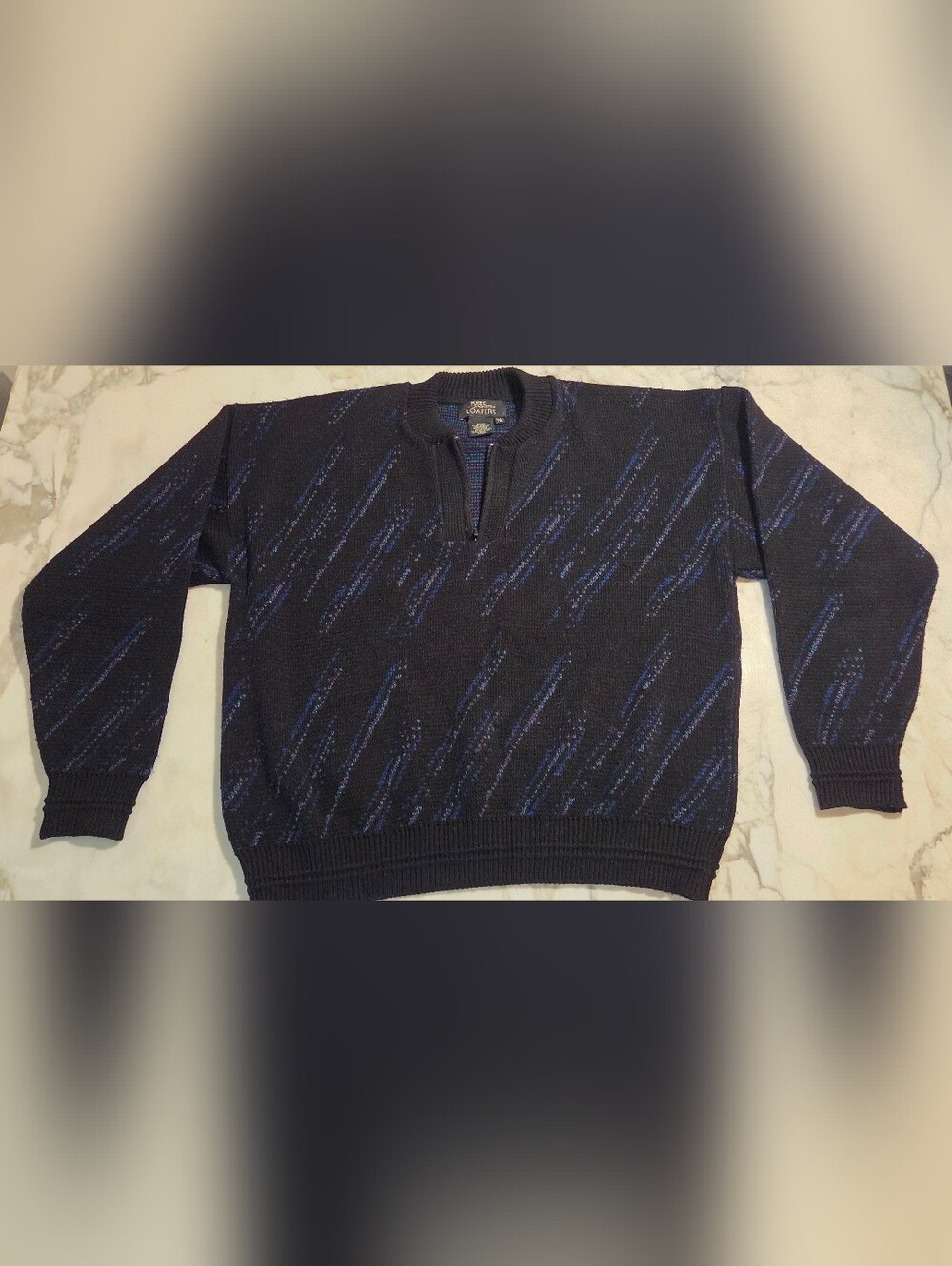 Men's Black Zip-Neck Sweater with Blue Accent Stitching